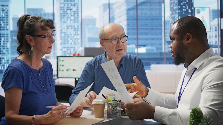 Senior people discussing a pension financial strategy with broker